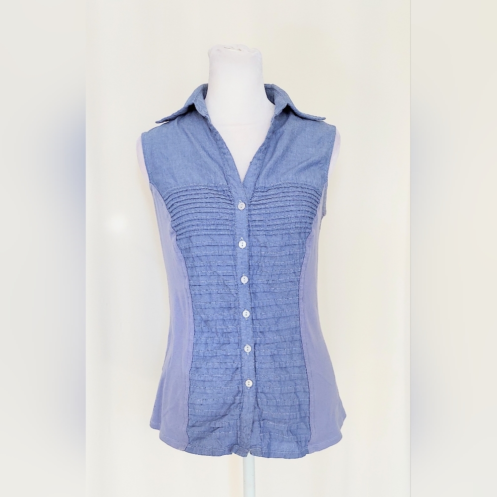 Zac & Rachel Sleeveless Button Front Rounded Hem Top Blue Sz Small 100% Cotton